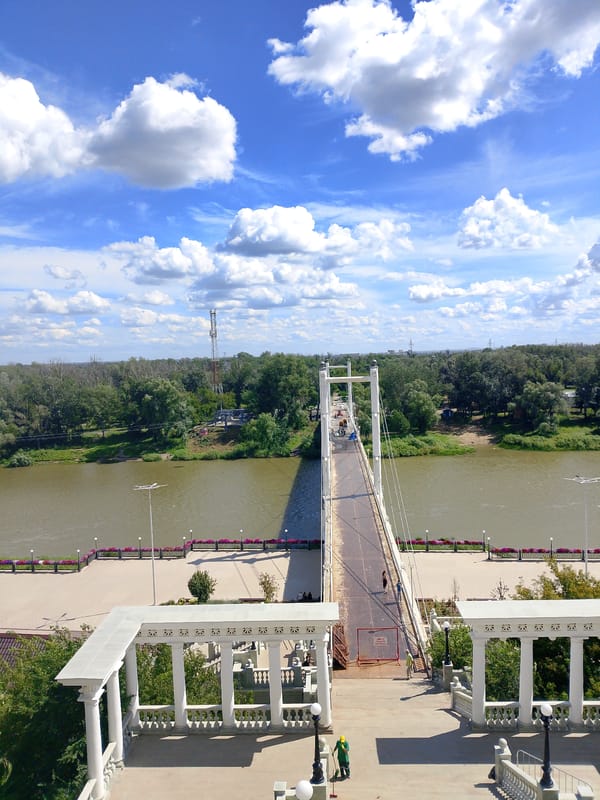 Orenburg's Ural River embankment and landmarks on a summer morning