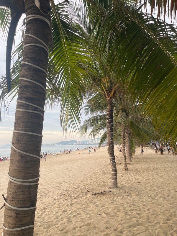 Busy evening at Nha Trang beach under a dramatic cloudy sky