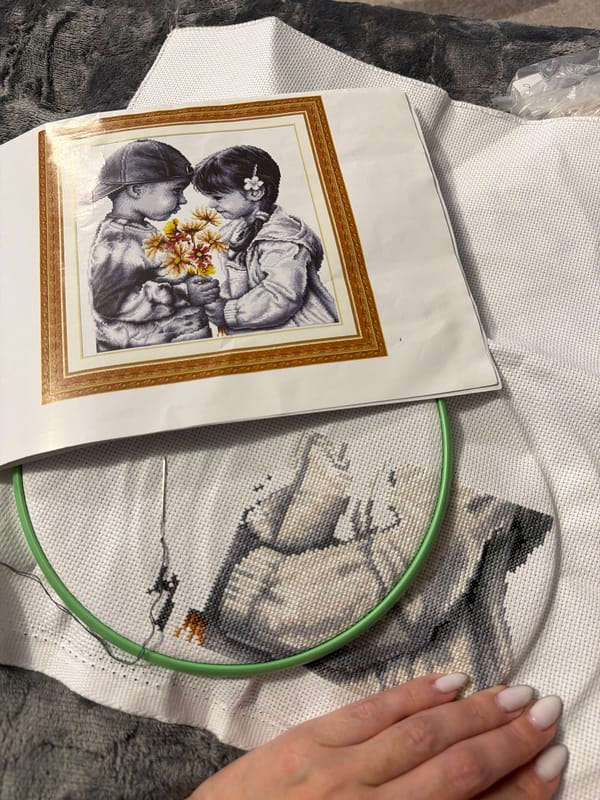 Craft enthusiast works on cross-stitch project in Chaikovsky home