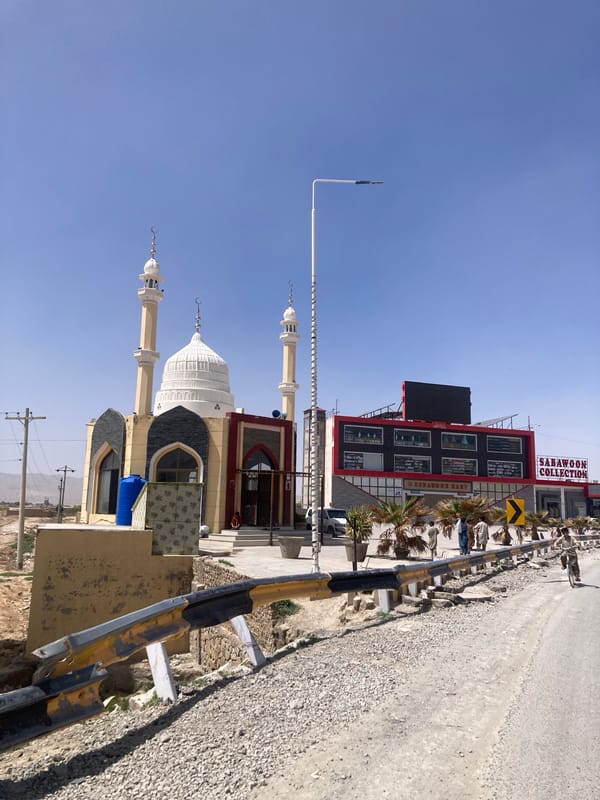 Mosque and commercial buildings captured in Quetta street scene