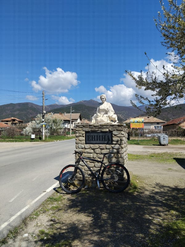 Bicycle spotted against village monument in Kazanlak, Bulgaria