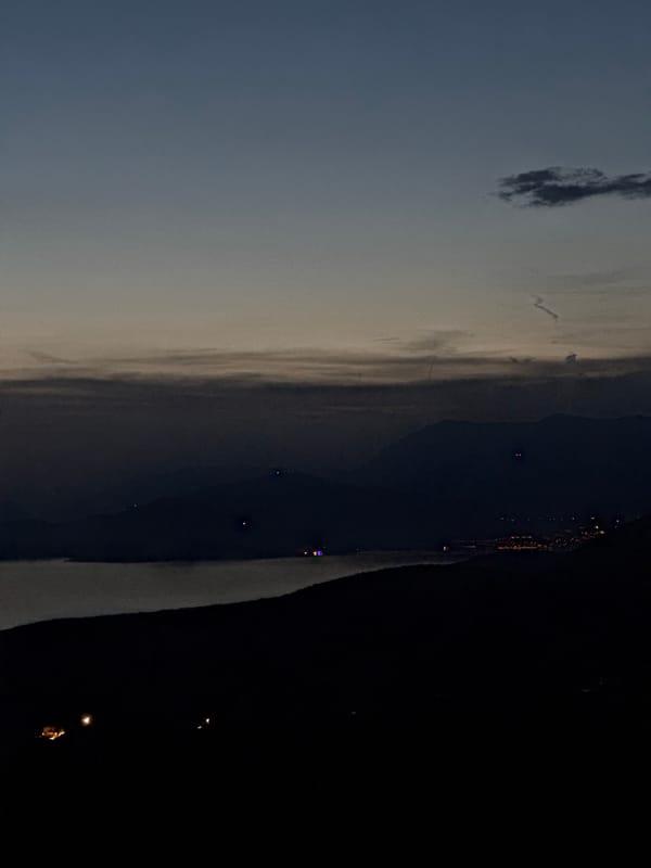 Twilight documented in Kovačko Polje, Montenegro shows churches and starlit sky