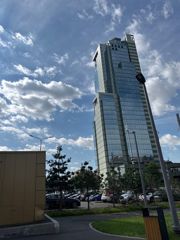 Glass and brick architecture on a clear Moscow morning