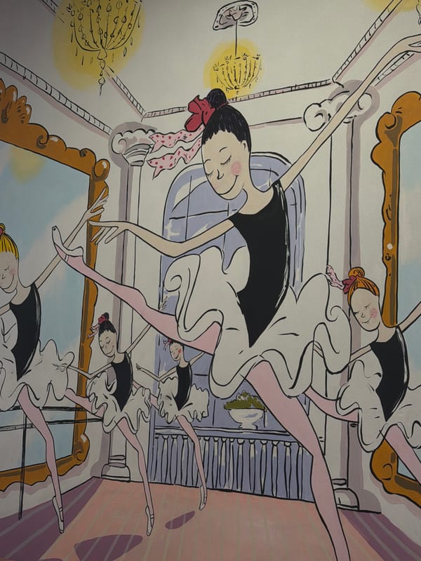 Cartoon ballerina illustration observed in ornate Moscow room
