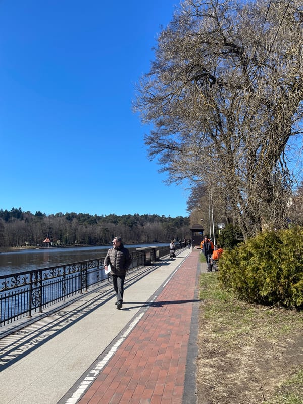 Man enjoys sunny morning on Svetlogorsk waterfront promenade