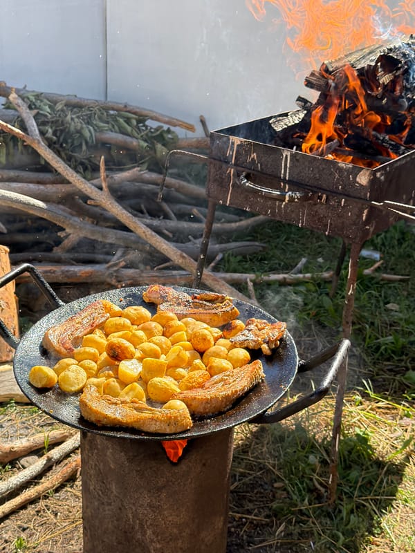 Roasting potatoes over an open fire pit outdoors.