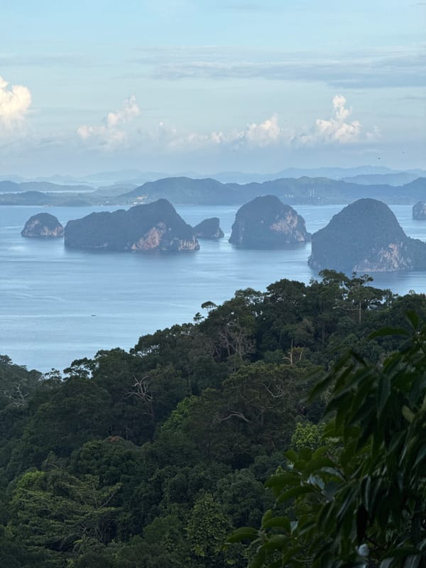 Panoramic views of Thai tropical seascape and jungle mountains