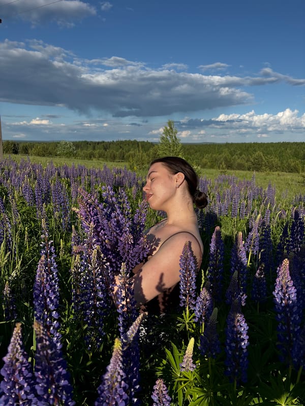 Woman rests peacefully in lupine flower field, Vakhrino