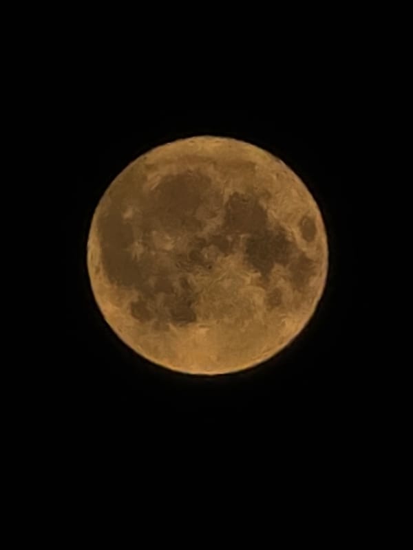 Full moon rising over Worms, warm and crater-detailed