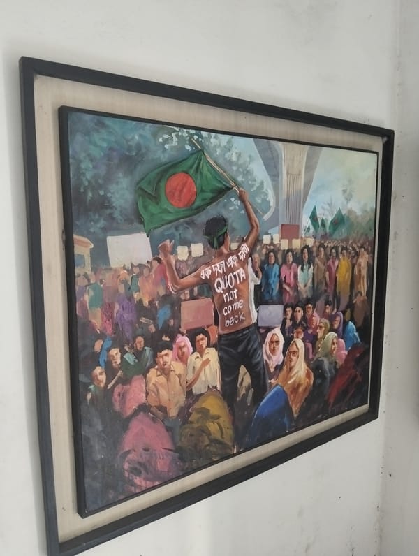 Political protest artwork displayed in Dhaka gallery or home