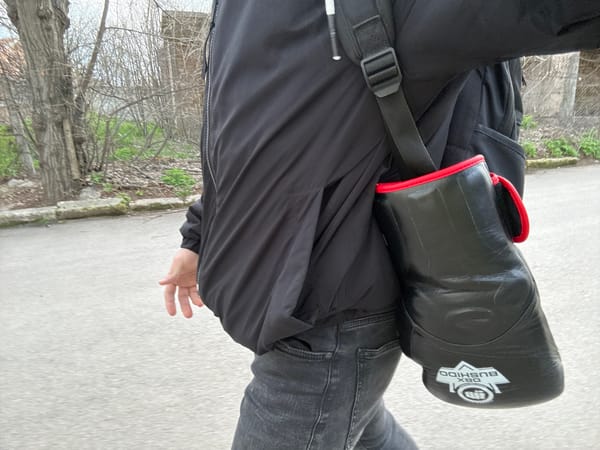 Person with boxing gloves walks through Dobrich neighborhood