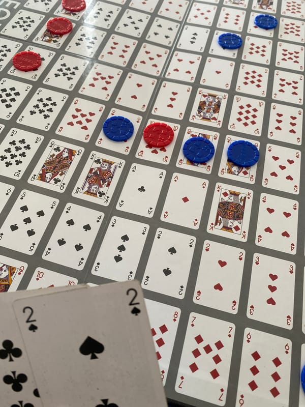Board game session captured with Sequence game in progress