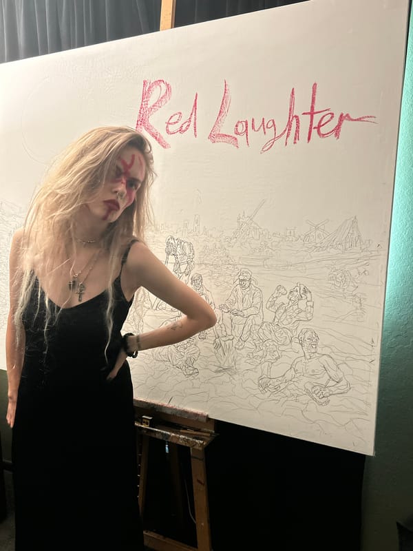 Artist displays "Red Laughter" war scene canvas in Cape Coral