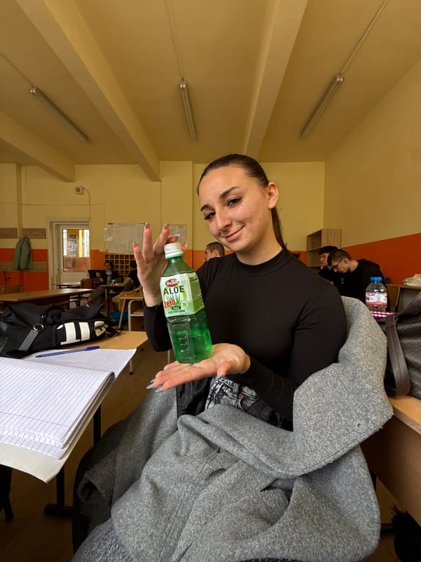 Student displays aloe drinks in Sofia classroom Tuesday morning