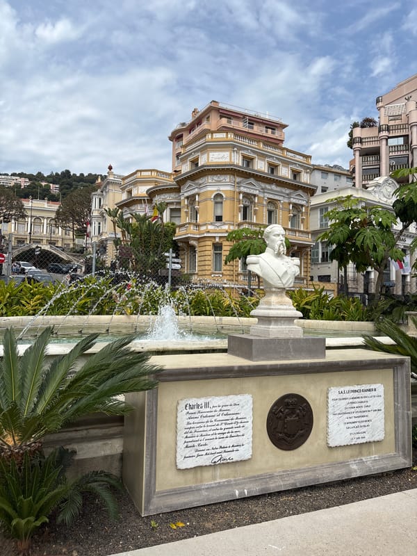Tourist documents Monaco landmarks including casino renovation, gardens, Charles III monument