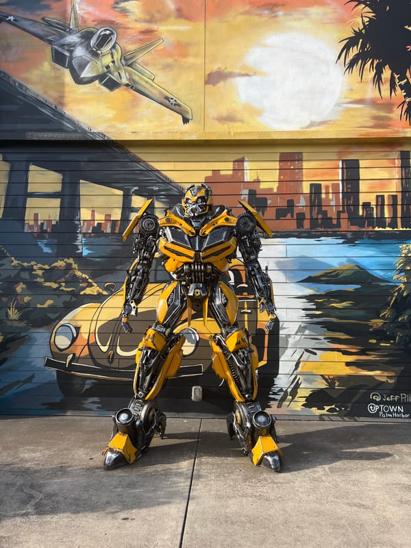 Bumblebee Transformer statue outside Palm Harbor's Diesel Garage Bar