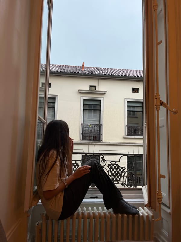 Person sits on radiator by open window in Lyon