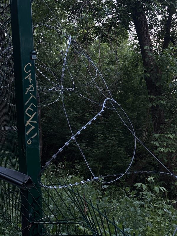 Moscow witness documents fenced waterfall area with graffiti