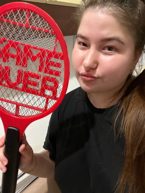 Playful indoor selfie session with fly swatter and flowers