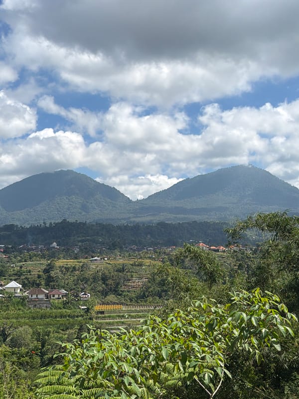 Winding through Baturiti's highland roads past farms and volcanoes