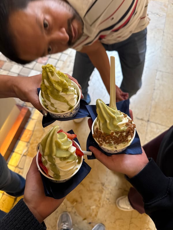 Soft-serve ice cream stop in Puebla, green-swirled and topped