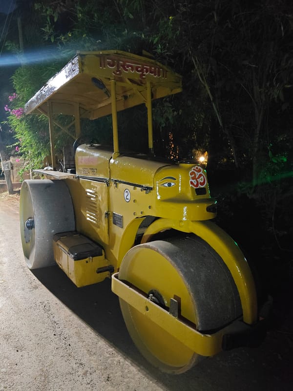 Decorated road roller parked in Korgao, India