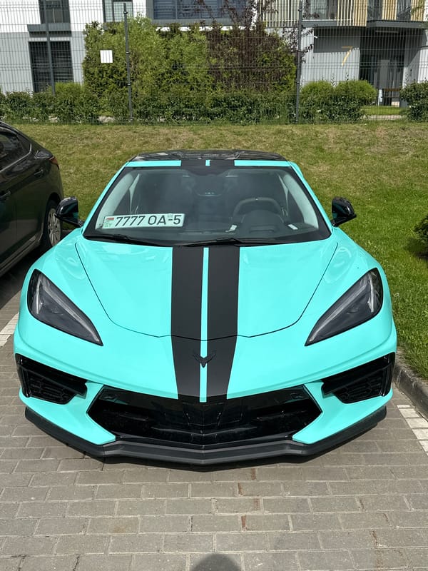 Turquoise Corvette with racing stripes spotted in Belarus village