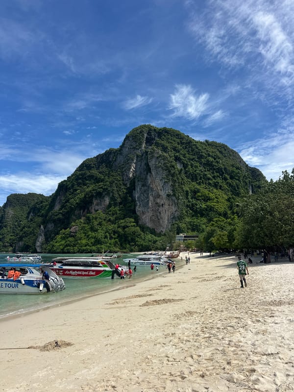 Ao Nang bay and beach on a cloudy tropical morning