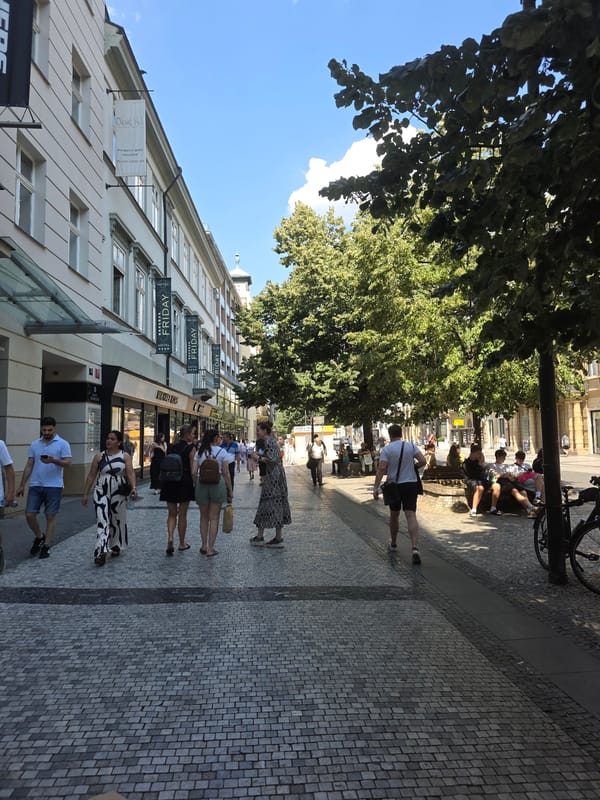 Afternoon stroll through Prague's city center streets and mall