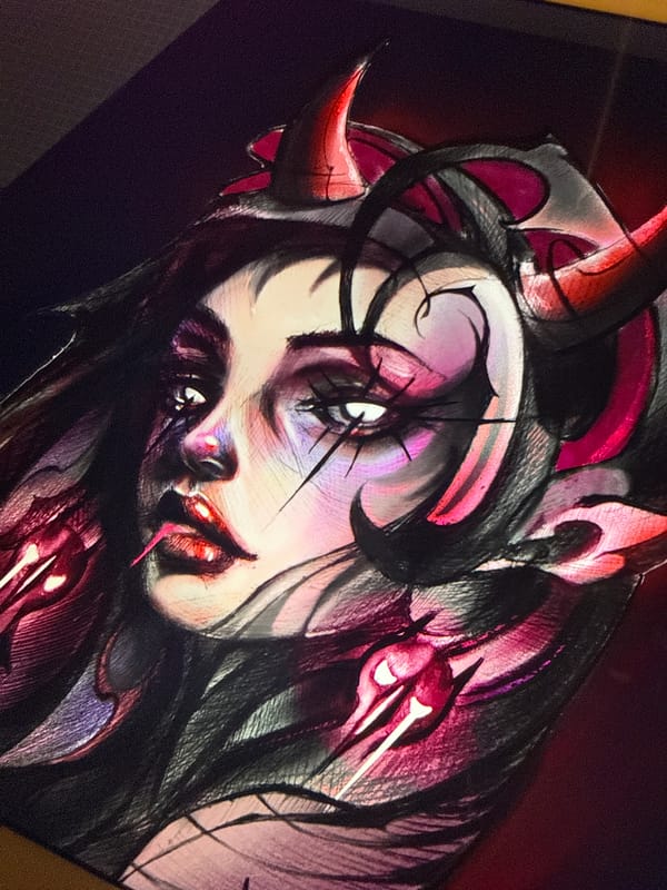 Digital artist creates dark fantasy portrait on iPad in Sofia