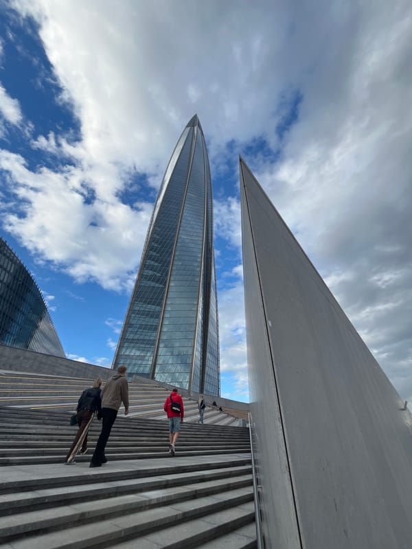 Lakhta Center tower shots and waterside activity in Saint Petersburg