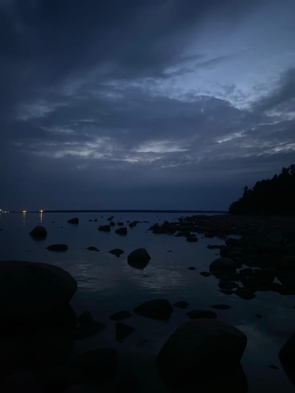 Dusk settles over Gulf of Finland's rocky Yermilovo shore
