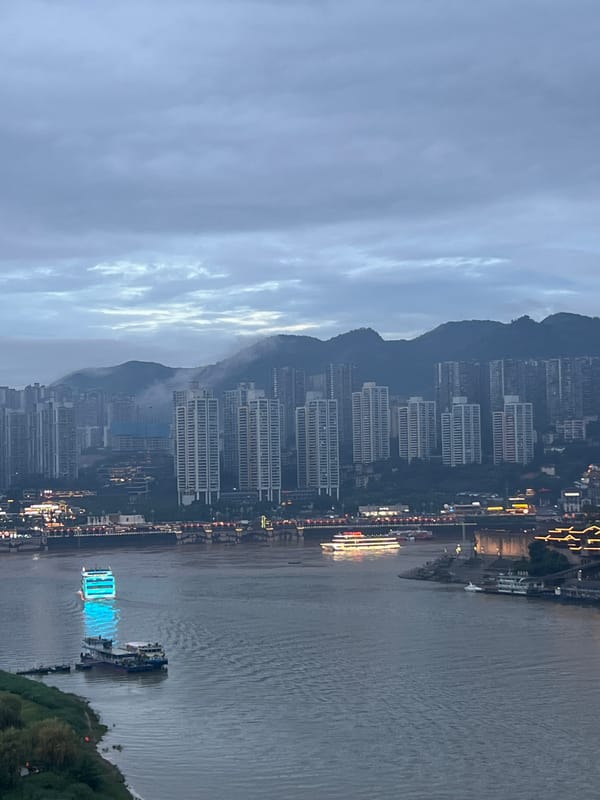 Chongqing's Jiangbeicheng waterfront and skyline at twilight