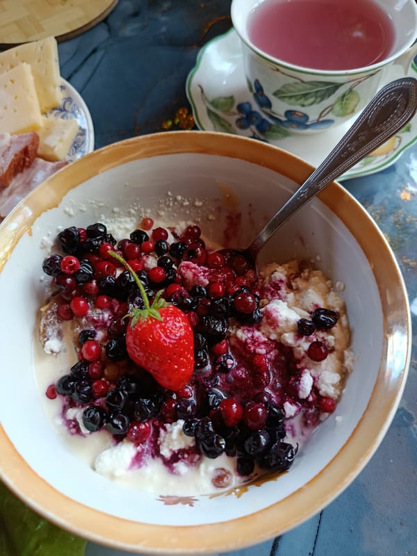 Morning meal preparation documented with fresh foods and plants