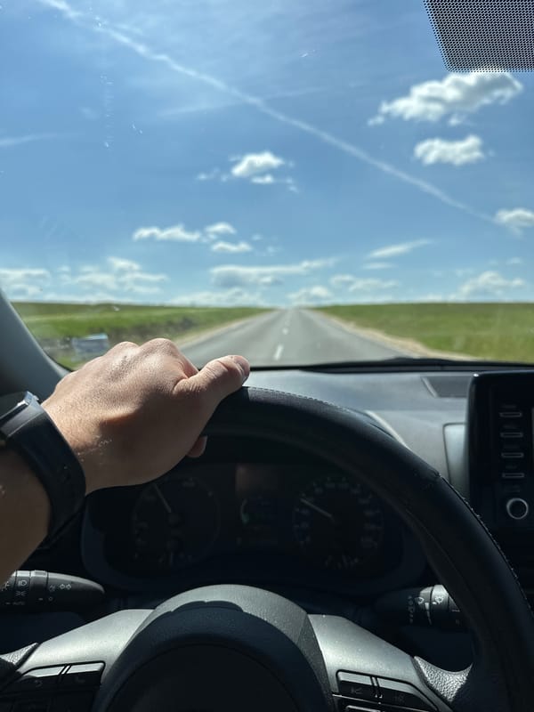 Driver travels countryside road near Lukovit under clear skies