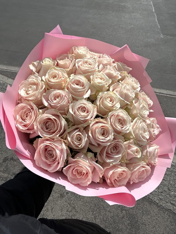 Man with pink rose bouquet spotted on Berlin sidewalk