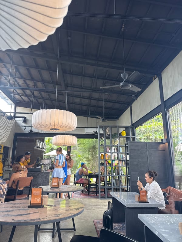 Pancakes and pendant lights at an industrial-style café