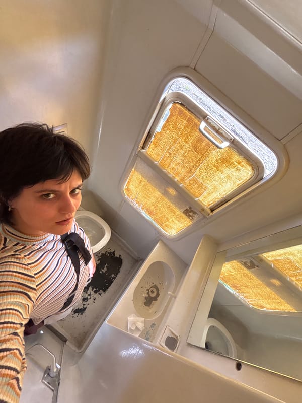 Person Takes Selfie in Sofia Public Transit Restroom