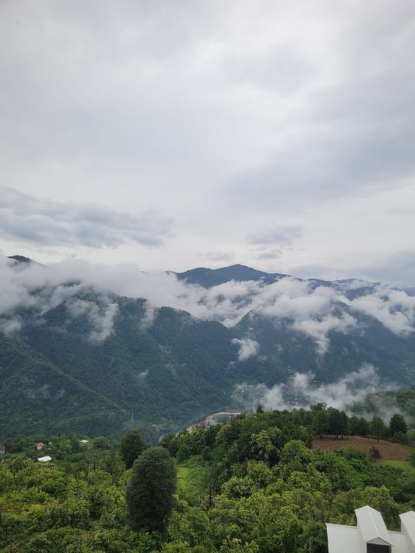 Morning views from a balcony in misty Milisi, Georgia