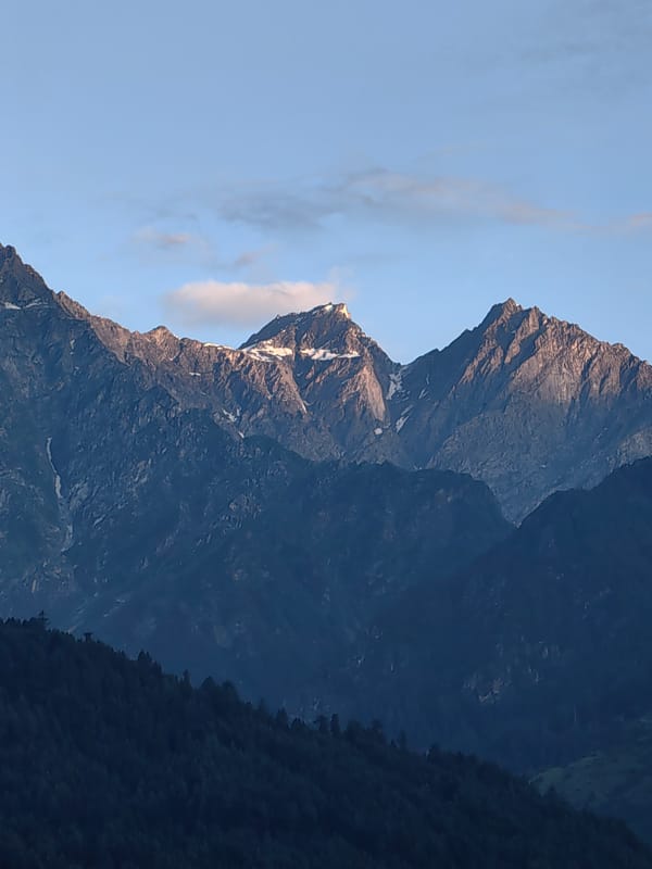 Dusk over the Himalayas, Vashisht in the valley below