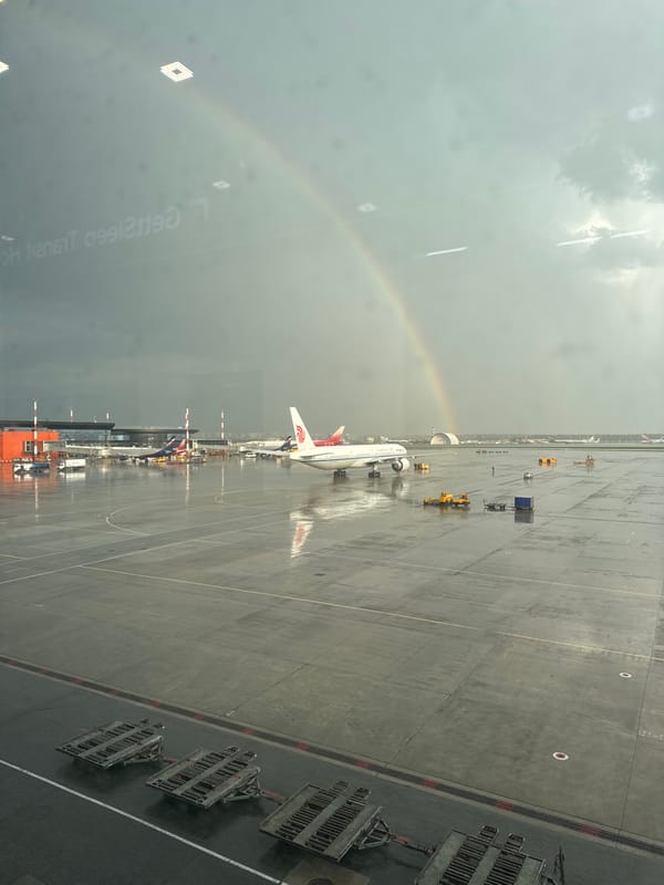 Rainbow appears over storm clouds at Moscow's Sheremetyevo Airport