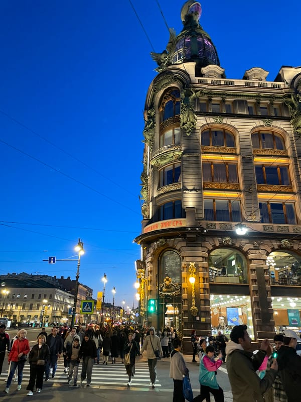 Evening architectural documentation of Singer House in Saint Petersburg