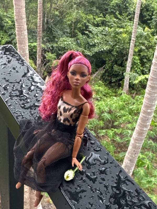Fashion doll photo shoot conducted in tropical Thailand setting