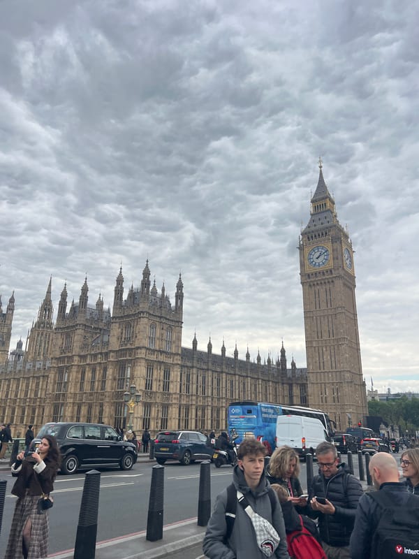 Westminster landmarks photographed under cloudy London skies