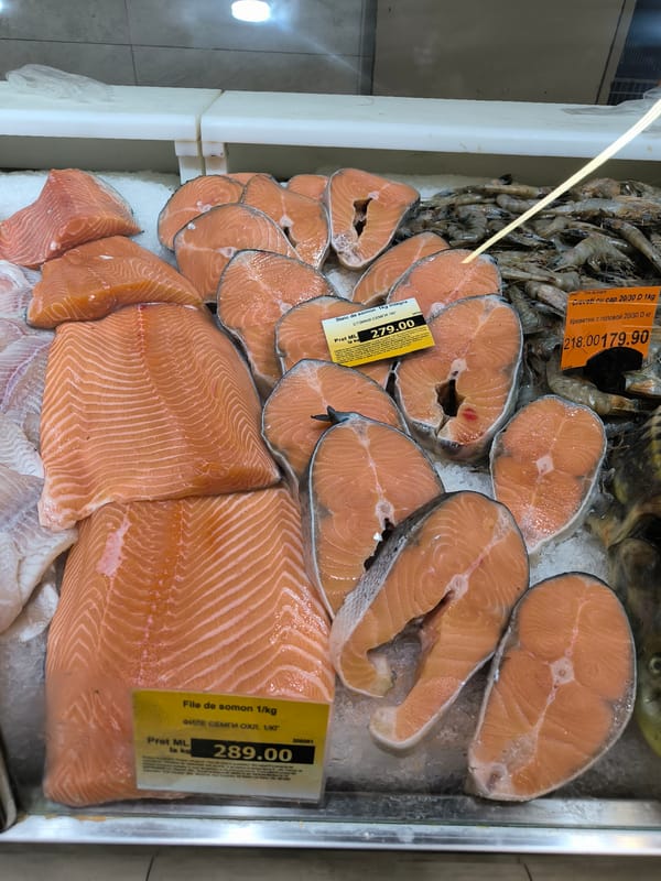 Inside a Chișinău supermarket: seafood, dairy, and pantry staples