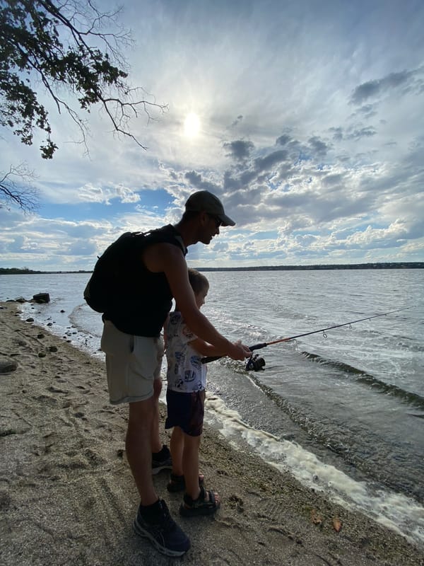 Afternoon fishing trip at a lakeside shore