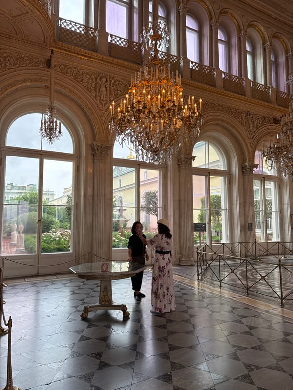 Rainy morning across Saint Petersburg's grand interiors and wet courtyards