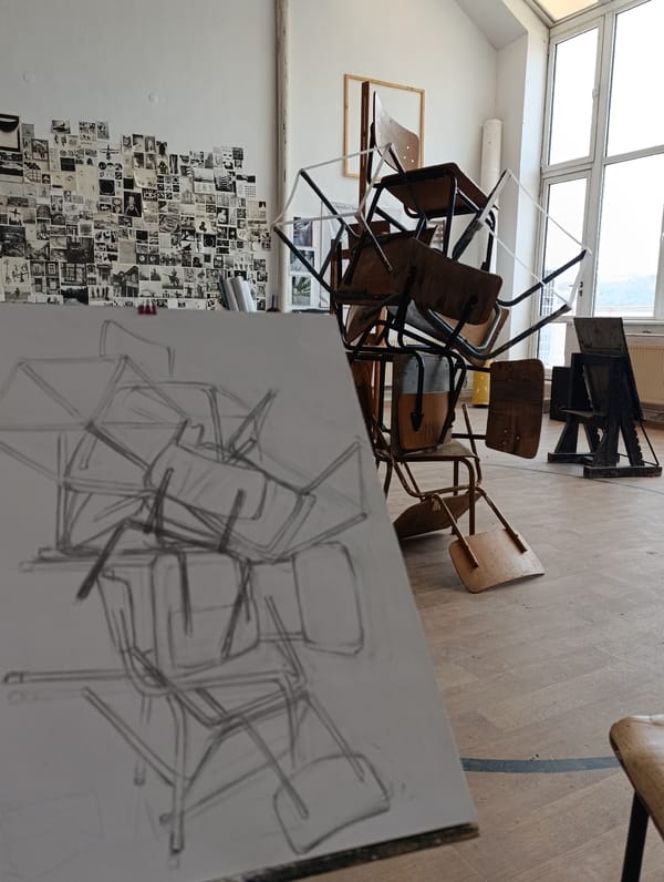 Artist's studio documented with works in progress in Bulgaria