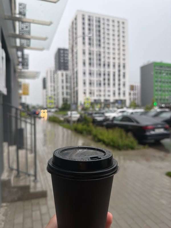 Urban walk captures rainy streets, blooming roses, fruit market