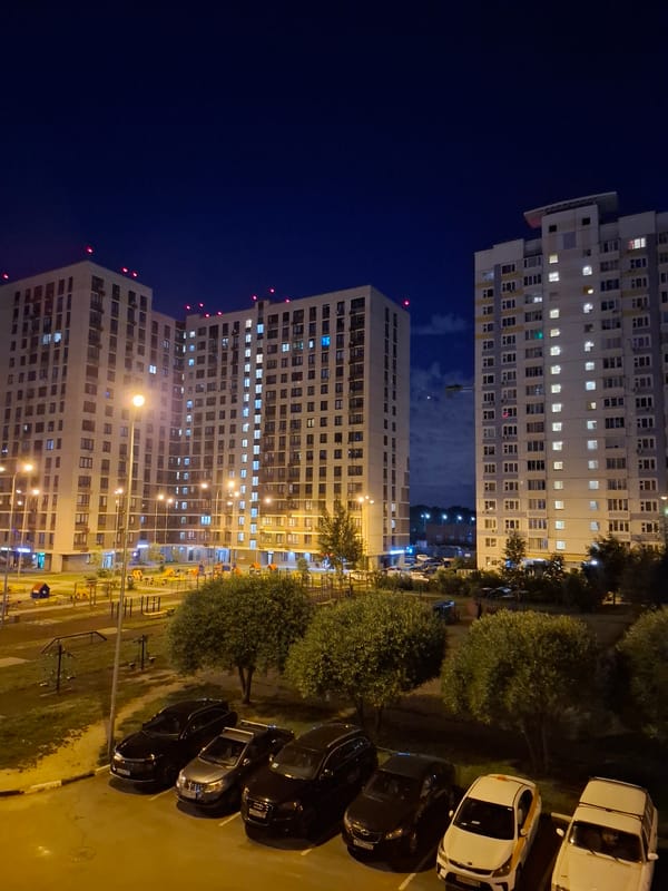 Balashikha night: apartment courtyard and a sleeping tabby cat